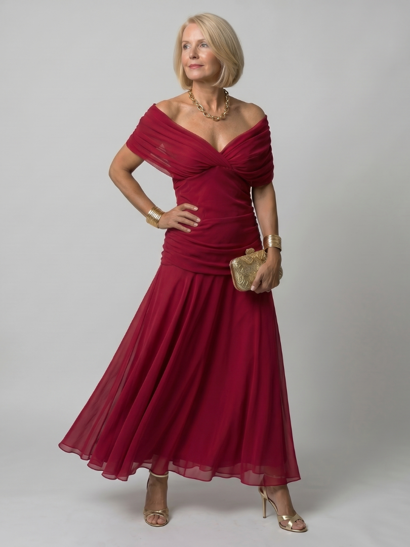 Calen | Off Shoulder Flow Midi Dress – Red | The Bellemont Sisters Australia