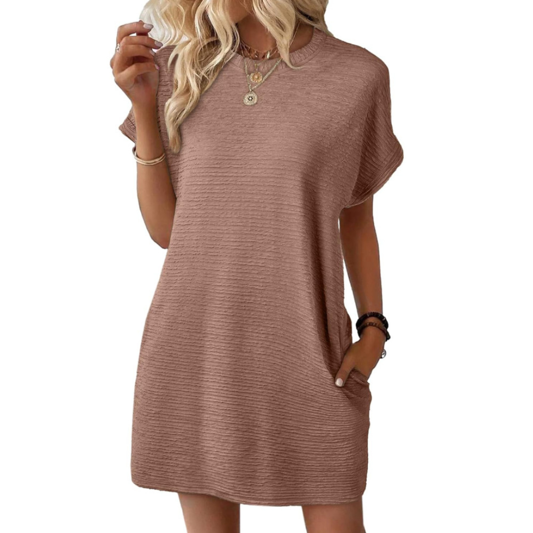 EVASHA™ – Casual Minimalist Round Neck Summer Dress – Light Brown | The Bellemont Sisters Australia