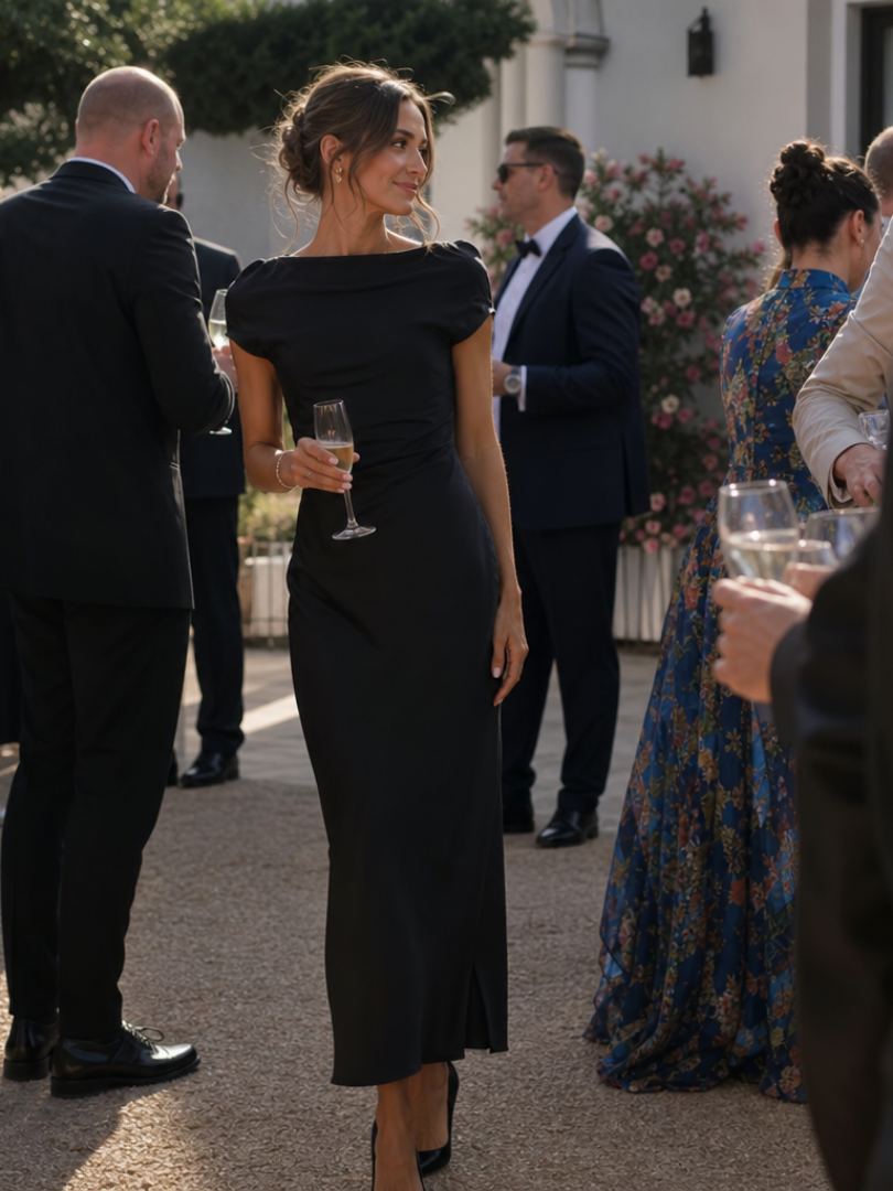 Elure | Short Sleeve Boat Neck Fitted Silhouette Midi Dress – Black | The Bellemont Sisters Australia