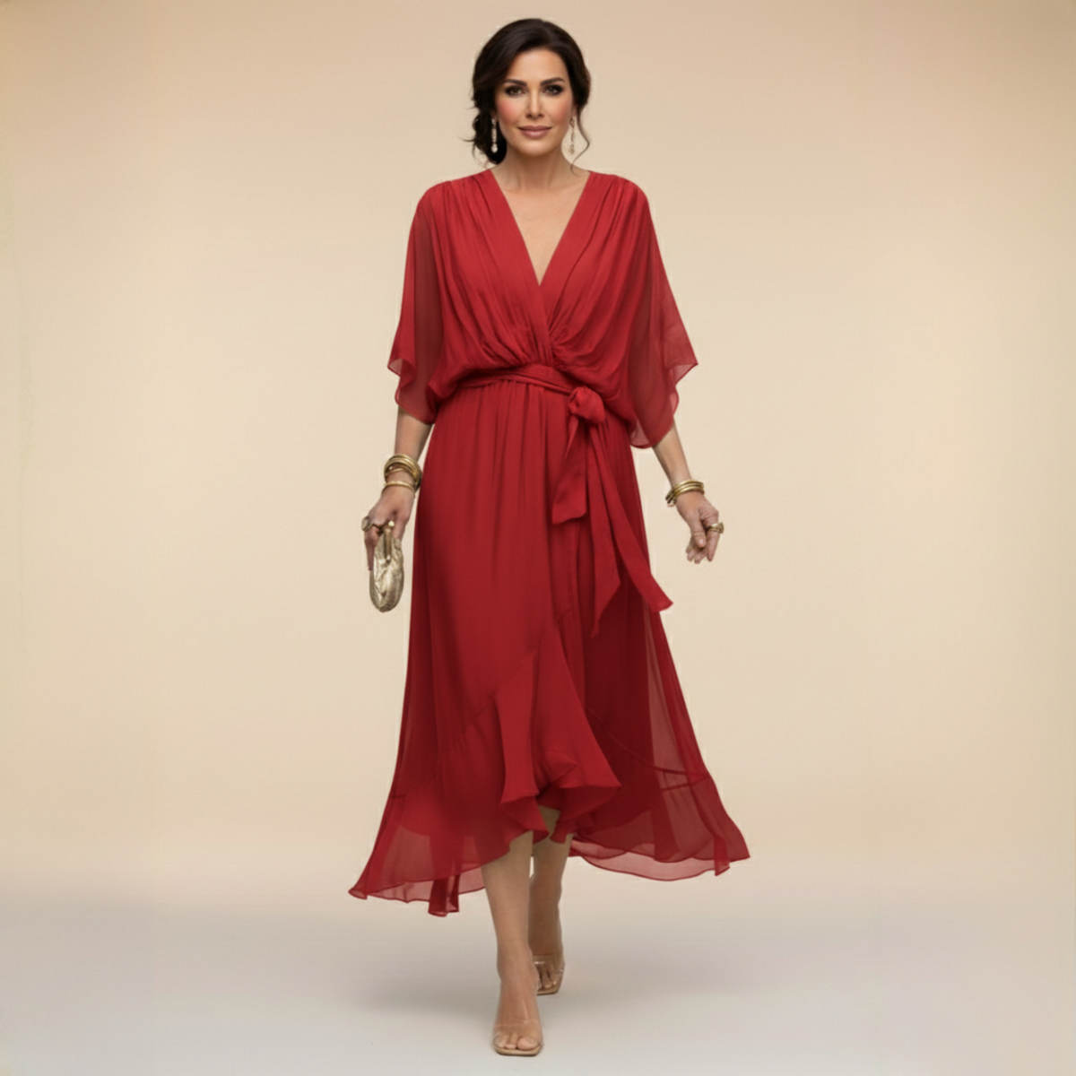 Sarah | Chiffon V-Neck Dress – Red | The Bellemont Sisters Australia