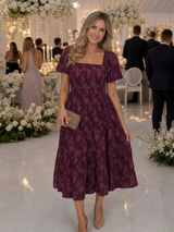Elaria | Short Sleeve Textured Floral Detail Midi Dress – Burgundy | The Bellemont Sisters Australia