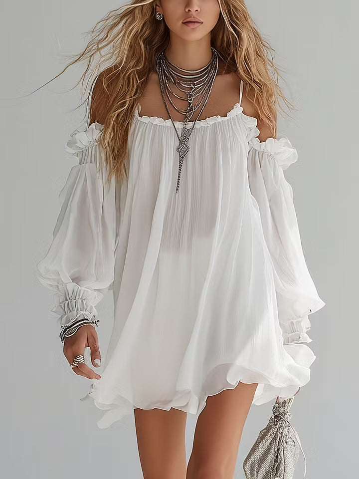 Flowing Bohemian Style Off The Shoulder Mini Dress – White | The Bellemont Sisters Australia