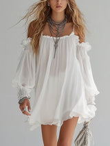 Flowing Bohemian Style Off The Shoulder Mini Dress – White | The Bellemont Sisters Australia