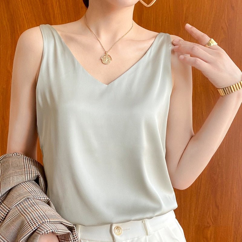 Lily | Women’s Classic Relaxed Fit Draped Satin Tanks – Light Green | The Bellemont Sisters Australia