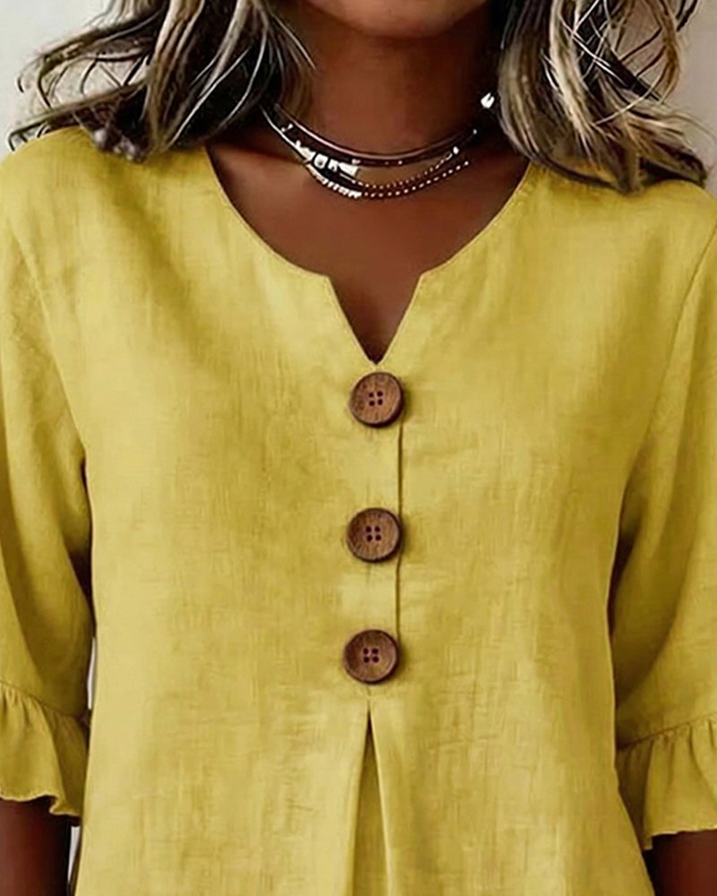 Janet | V-Neck Blouse with Wooden Buttons and Ruffled Sleeves | The Bellemont Sisters Australia