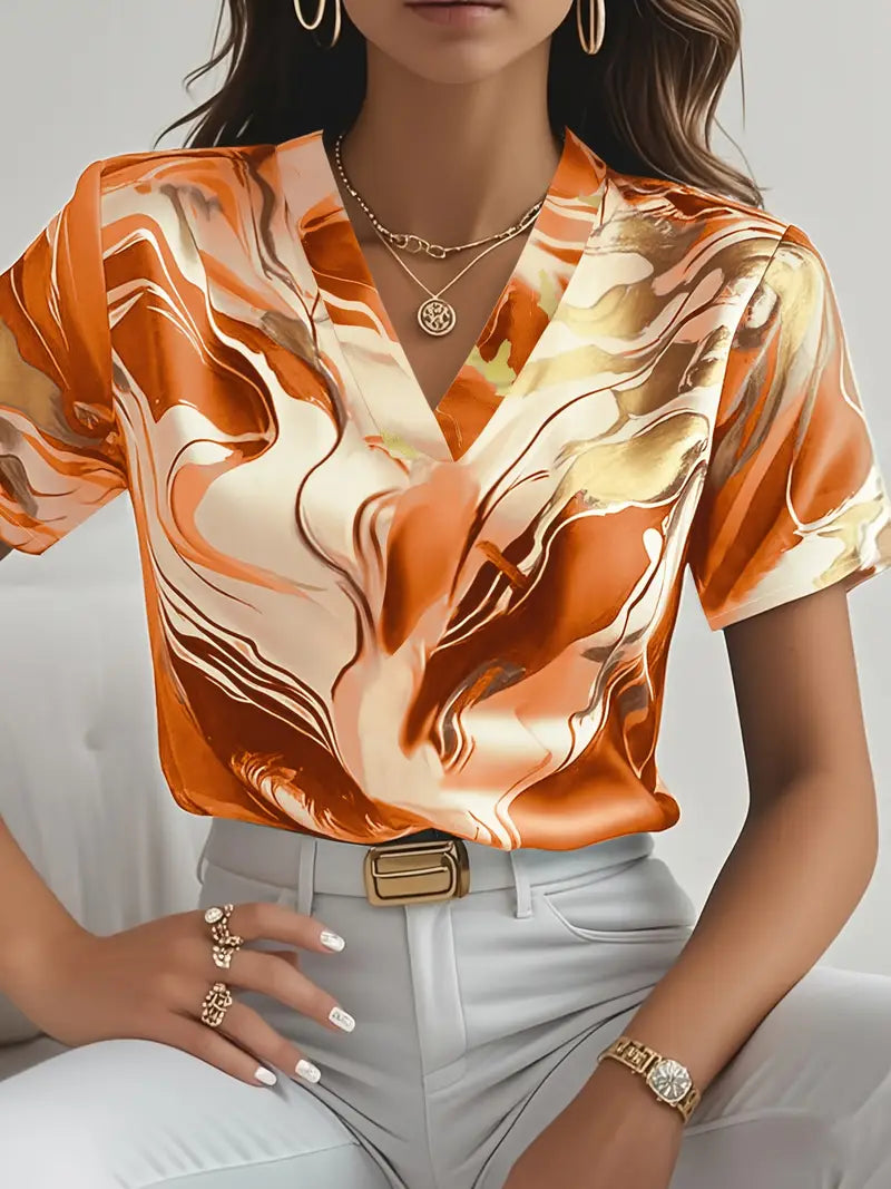 Mildred™ Marble Print Short Sleeve Shirt – Orange | The Bellemont Sisters Australia