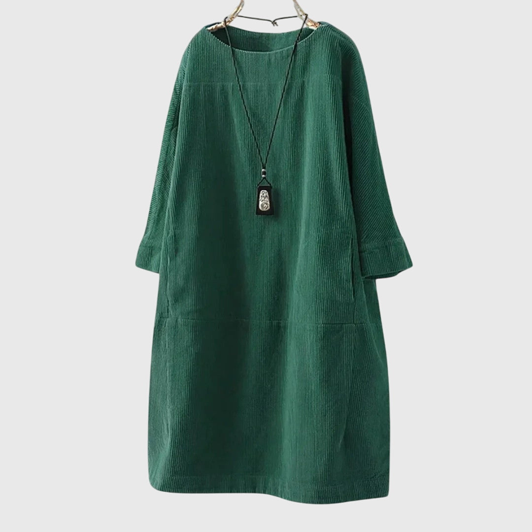 Grace | Relaxed Corduroy Midi Dress – Green | The Bellemont Sisters Australia