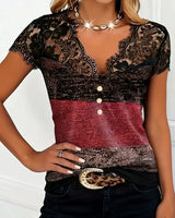 Sharon | V-Neck T-Shirt with Lace and Color Patchwork | The Bellemont Sisters Australia