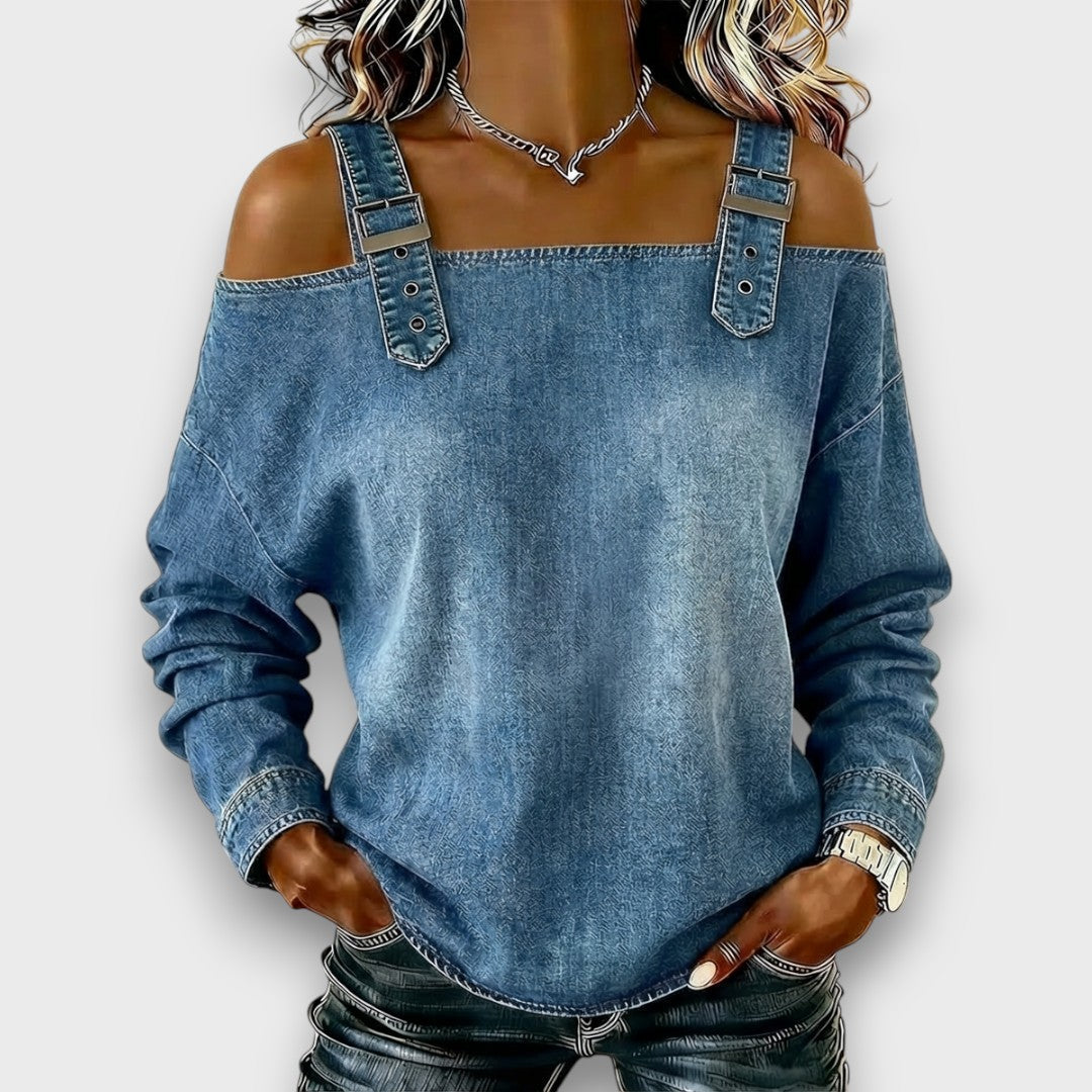 Elama – Off-Shoulder Denim Top – Blue | The Bellemont Sisters Australia