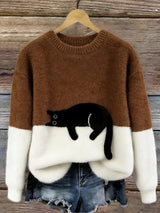 Aileen™ | Elegant Cat Print Oversized Sweater – Brown | The Bellemont Sisters Australia