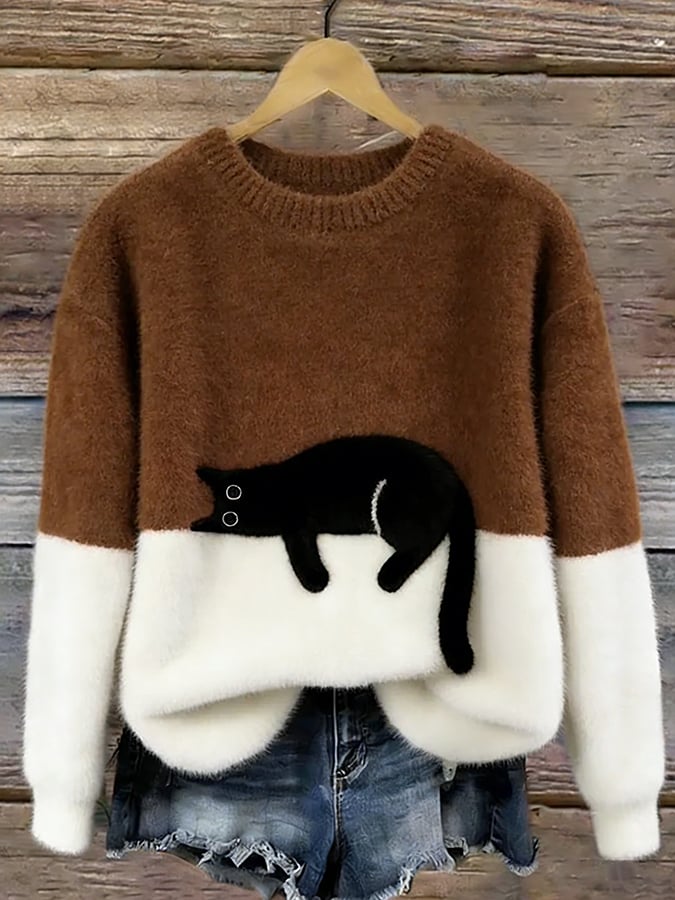 Aileen™ | Elegant Cat Print Oversized Sweater – Brown | The Bellemont Sisters Australia