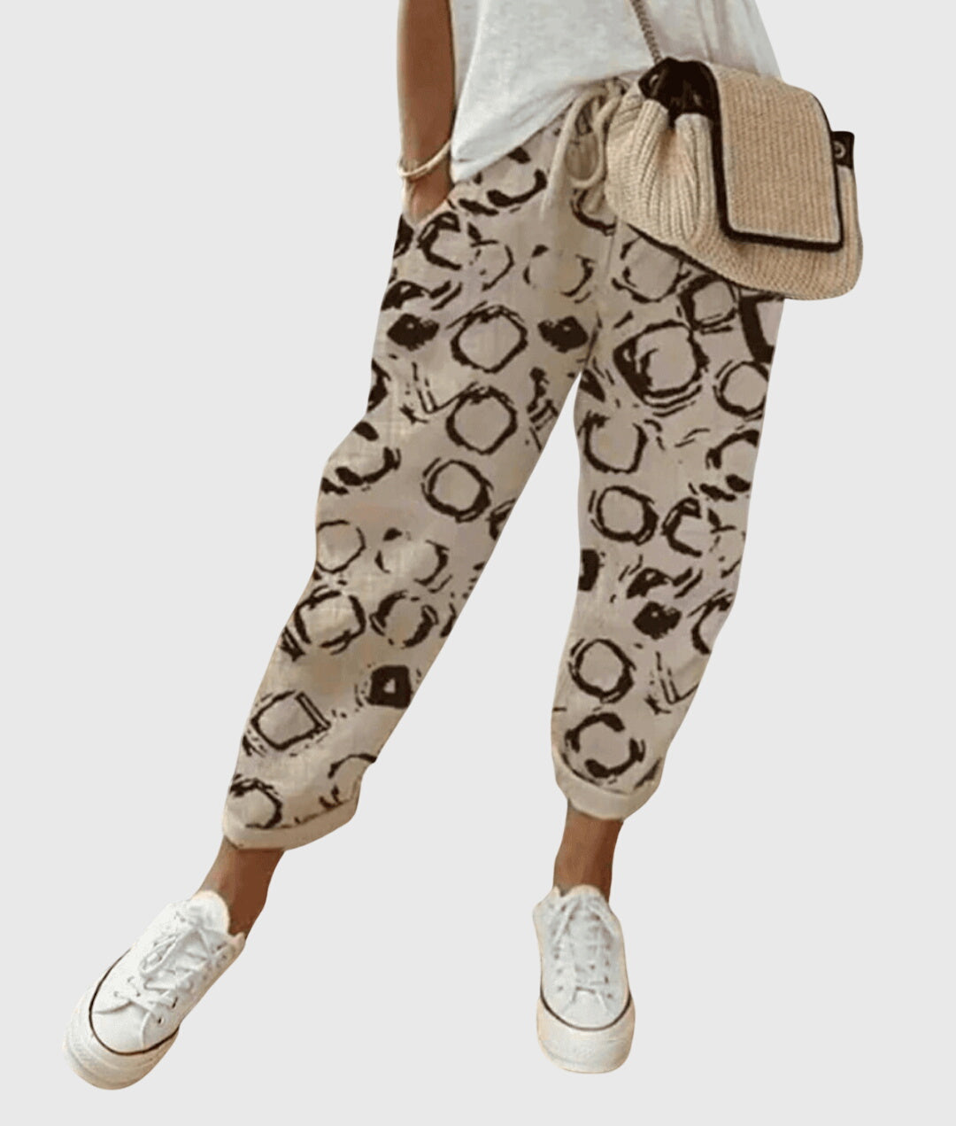 Madeline | Elegant Summer Pants – Beige Circles | The Bellemont Sisters Australia
