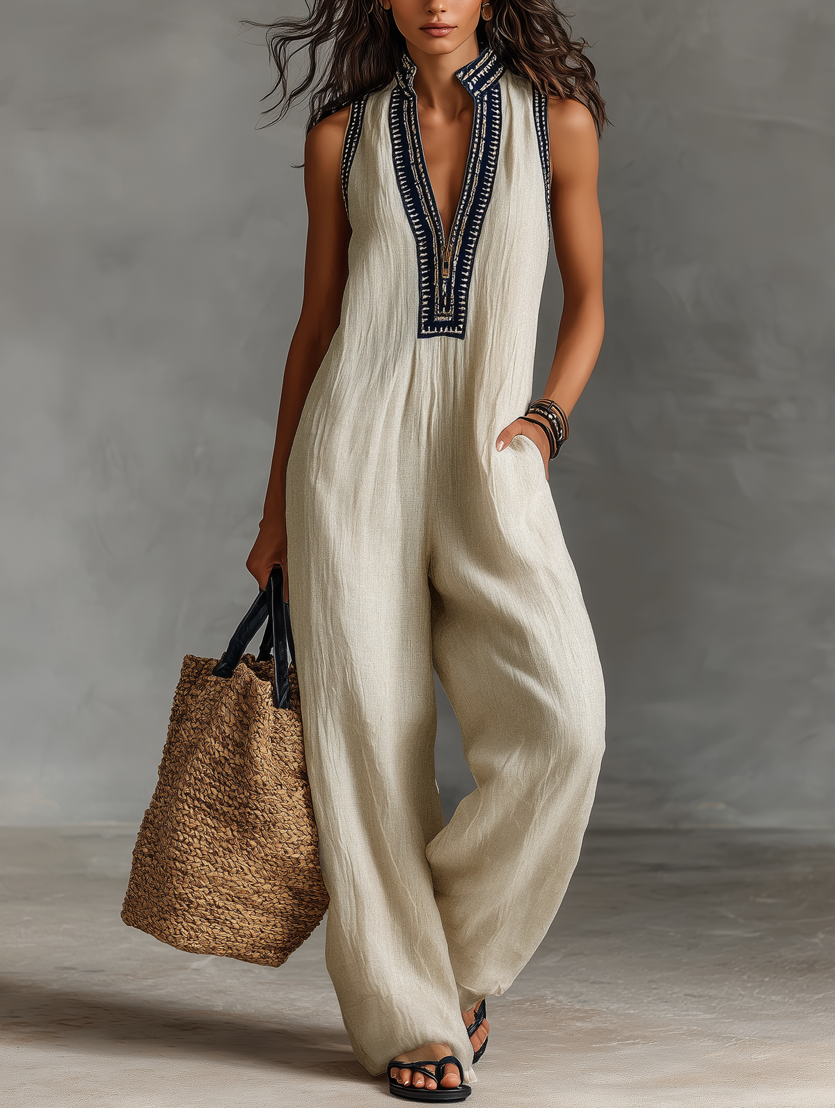 Women's Minimalist Linen Blend Sleeveless Jumpsuit With Zipper And Stand Collar, Featuring Embroidery MDZ0627B3Y | The Bellem