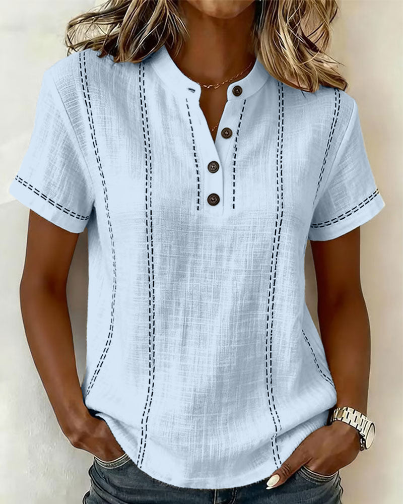 Linda | Casual Button V-Neck T-Shirt – Blue | The Bellemont Sisters Australia