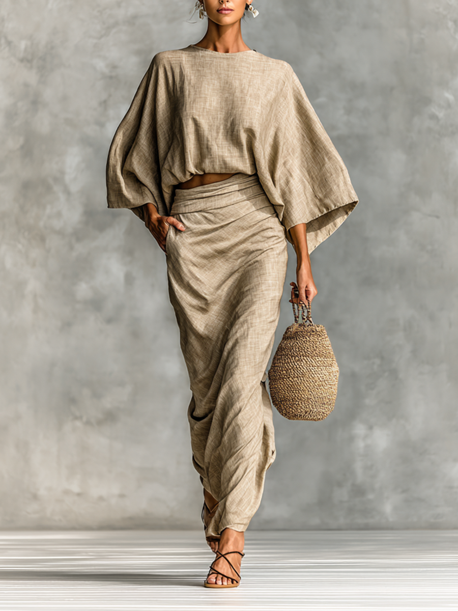 Selene | Soft Batwing Top and Maxi Skirt Two-Piece Set – Khaki | The Bellemont Sisters Australia