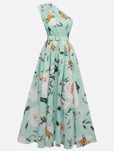 Light Green Floral Ruched One Shoulder A-Line Maxi Chiffon Dress | The Bellemont Sisters Australia