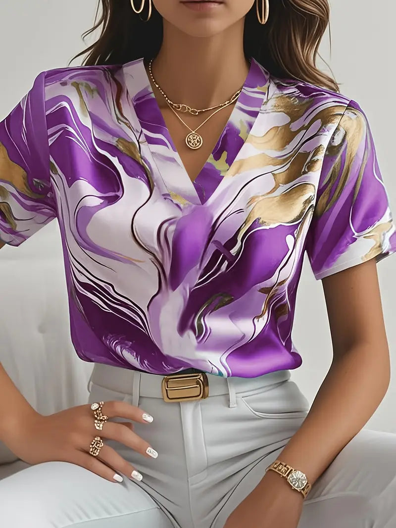 Mildred™ Marble Print Short Sleeve Shirt – Purple | The Bellemont Sisters Australia