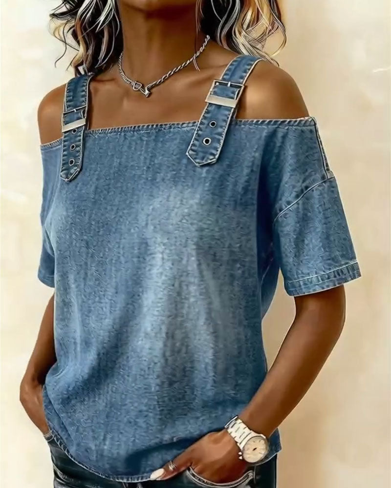 Patricia | Off-Shoulder Denim Shirt | The Bellemont Sisters Australia