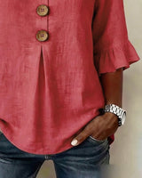 Janet | V-Neck Blouse with Wooden Buttons and Ruffled Sleeves | The Bellemont Sisters Australia
