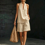 Minimalist Old-money Style Halter-neck Cotton Linen Set – Khaki | The Bellemont Sisters Australia