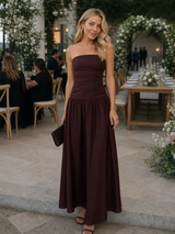 Zelene | Strapless Ruched Bodice Midi Dress – Brown | The Bellemont Sisters Australia