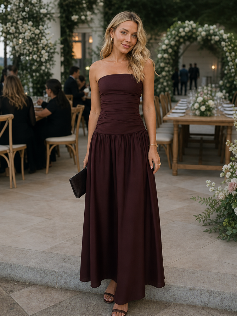 Zelene | Strapless Ruched Bodice Midi Dress – Brown | The Bellemont Sisters Australia