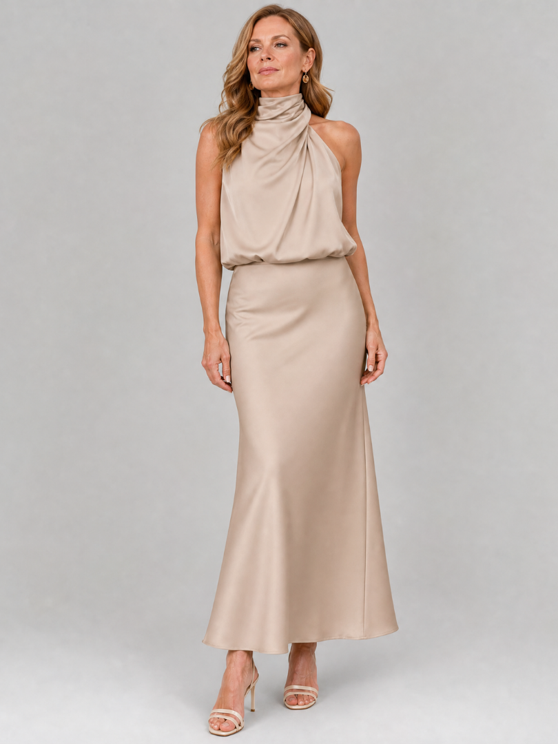 Nopal | Sleeveless Draped Neck Midi Dress – Beige | The Bellemont Sisters Australia
