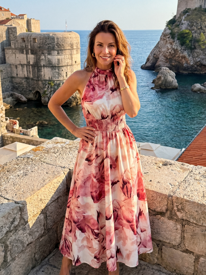 Olivia | Gathered Waist Abstract Print Midi Dress | The Bellemont Sisters Australia