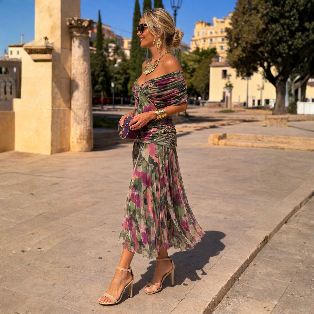 Lydia | Off Shoulder Maxi Dress – Green Pink | The Bellemont Sisters Australia