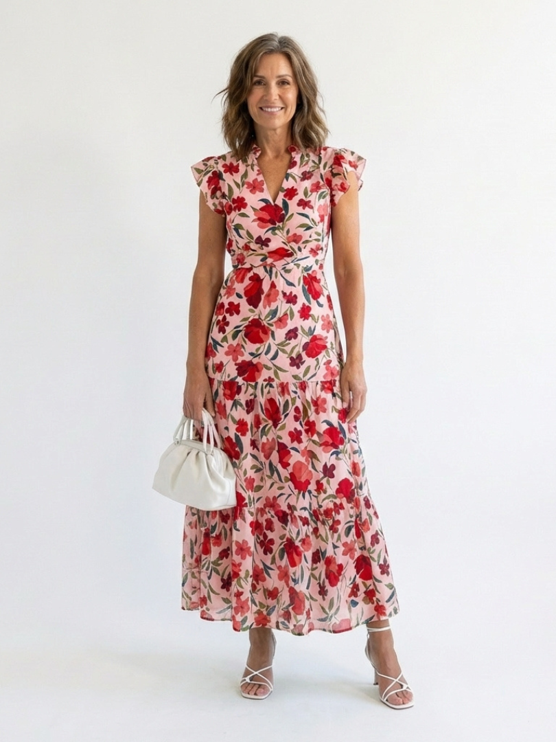 Lila | Floral V-Neck Tiered Midi Dress – Red | The Bellemont Sisters Australia