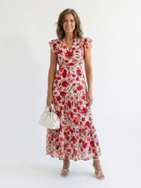 Lila | Floral V-Neck Tiered Midi Dress – Red | The Bellemont Sisters Australia