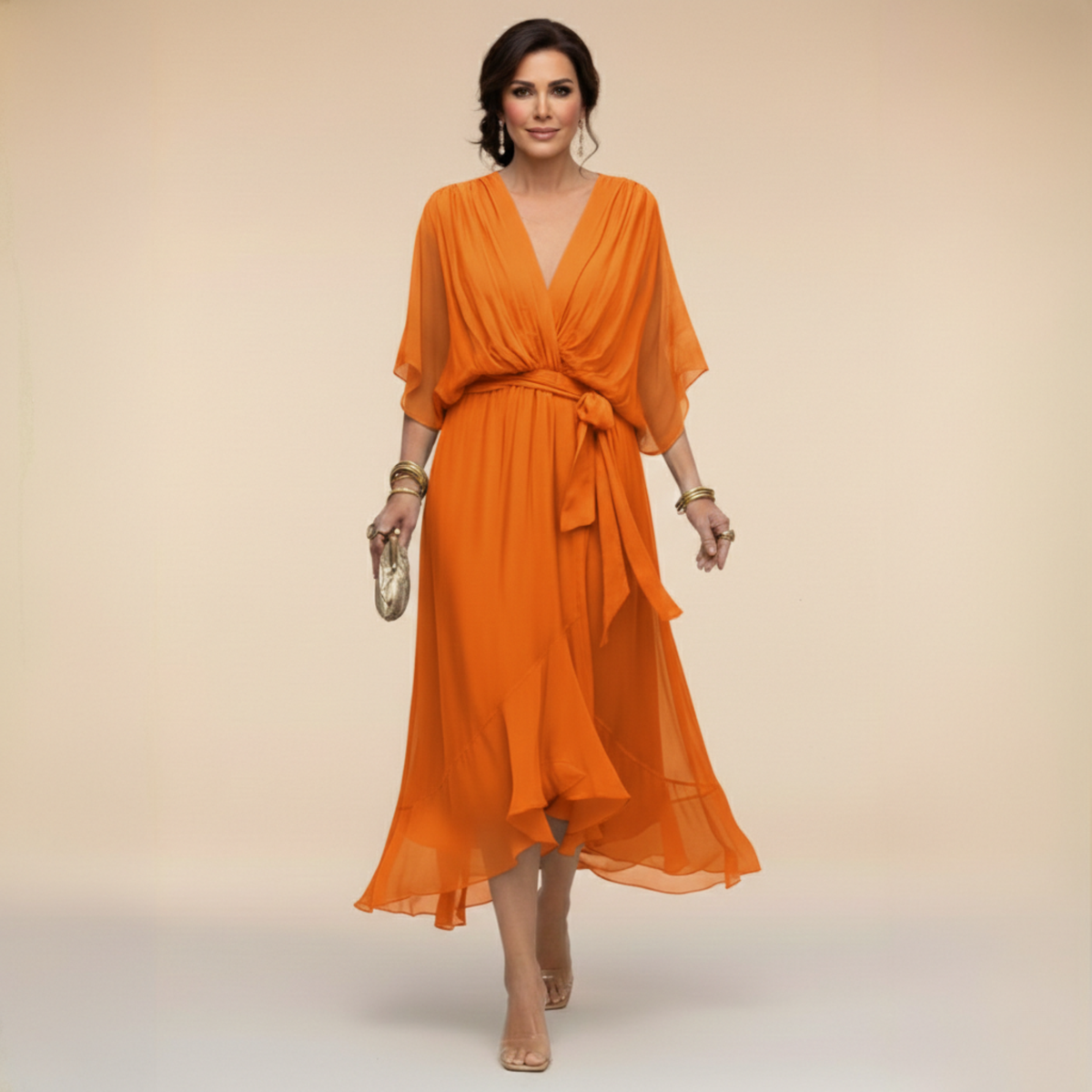 Sarah | Chiffon V-Neck Dress – Orange | The Bellemont Sisters Australia
