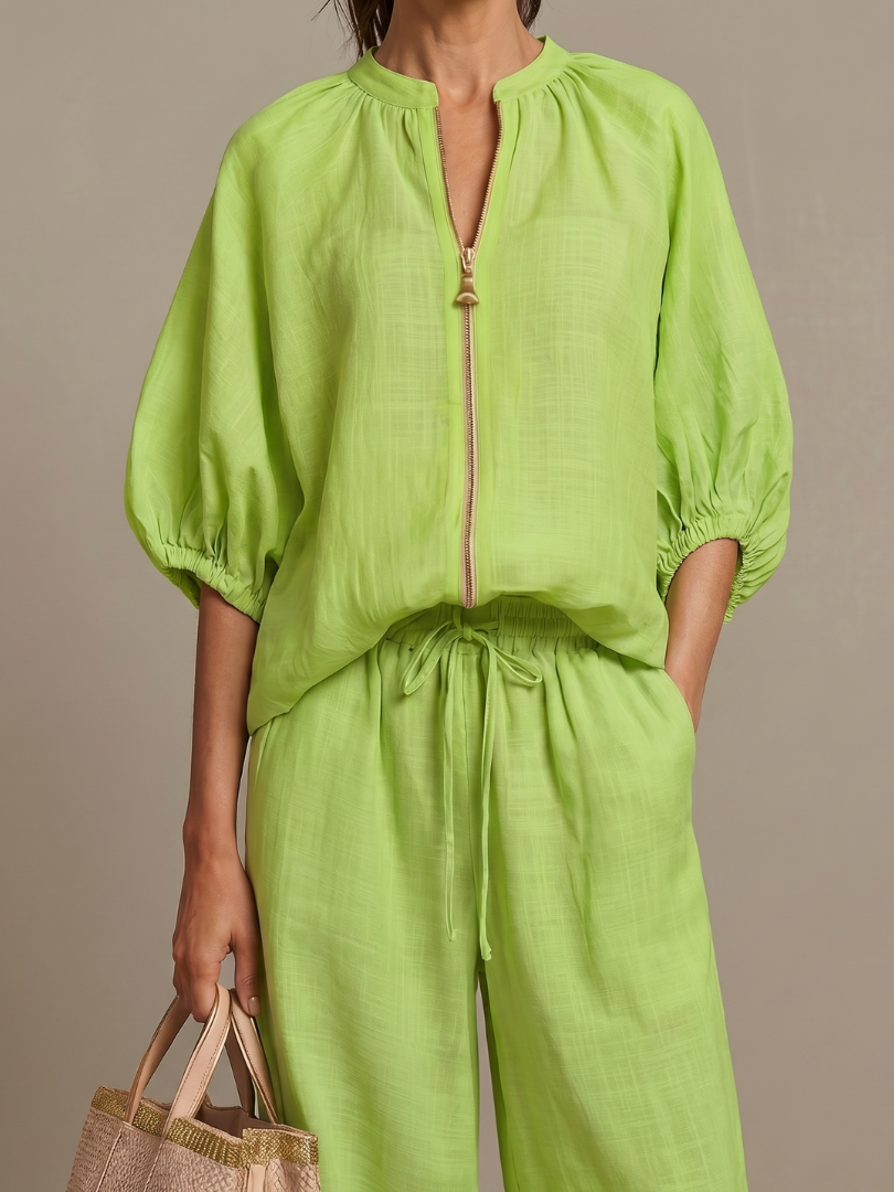 Natalia | Zip Front Blouson Top Wide Leg Set | The Bellemont Sisters Australia