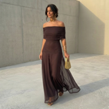 Uma | Flowing wide dress with elegant design – Brown | The Bellemont Sisters Australia
