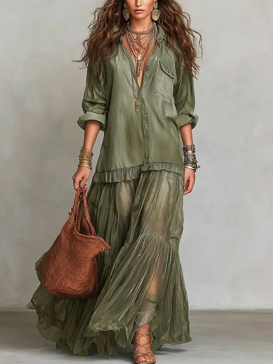 Women's Retro Lapel Denim Organza Patchwork Art Casual Maxi Dress – Green | The Bellemont Sisters Australia