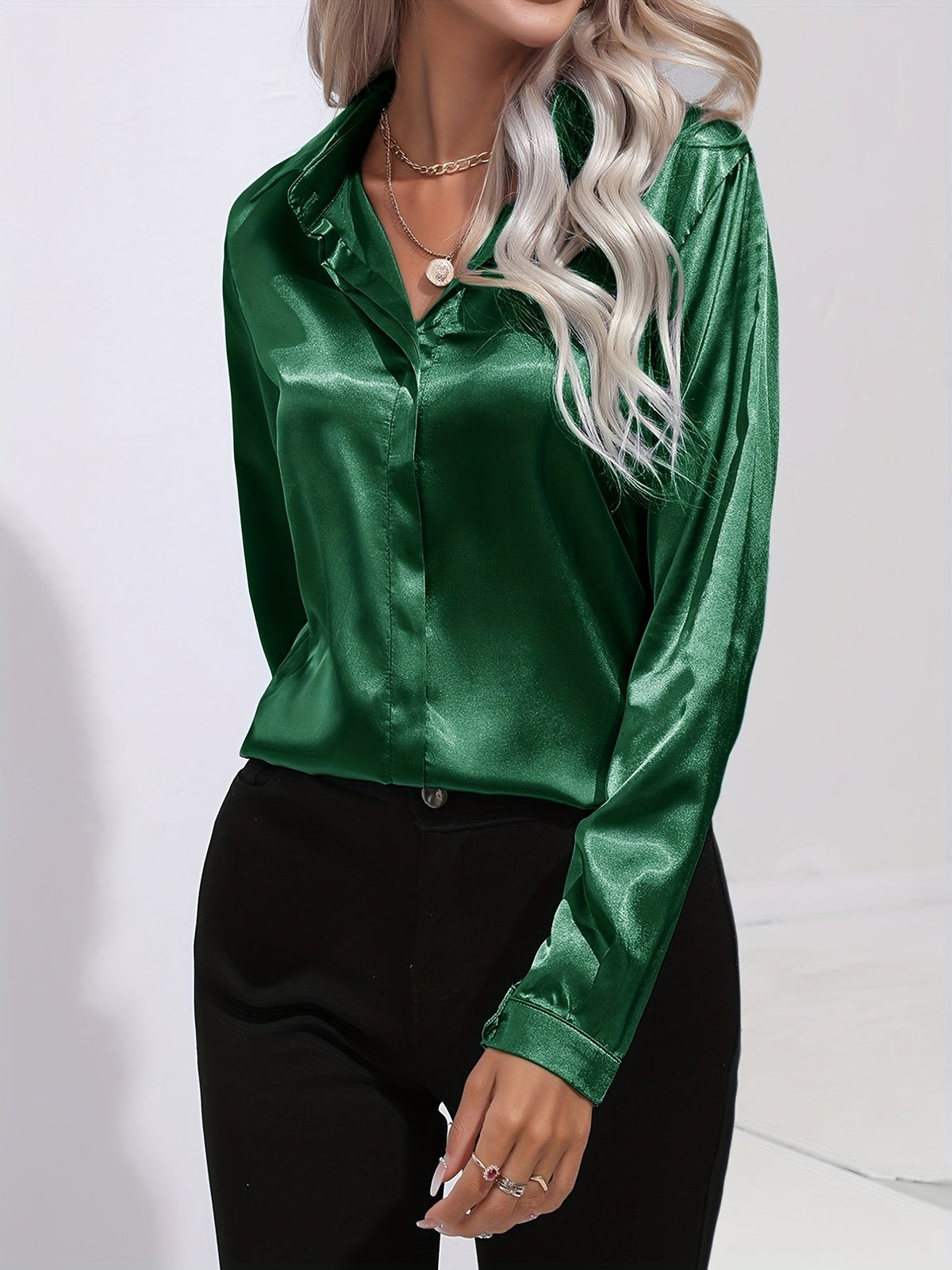 Sarah | Women’s Button Down Long Sleeve Satin Blouses – Dark Green | The Bellemont Sisters Australia