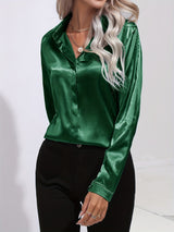 Sarah | Women’s Button Down Long Sleeve Satin Blouses – Dark Green | The Bellemont Sisters Australia