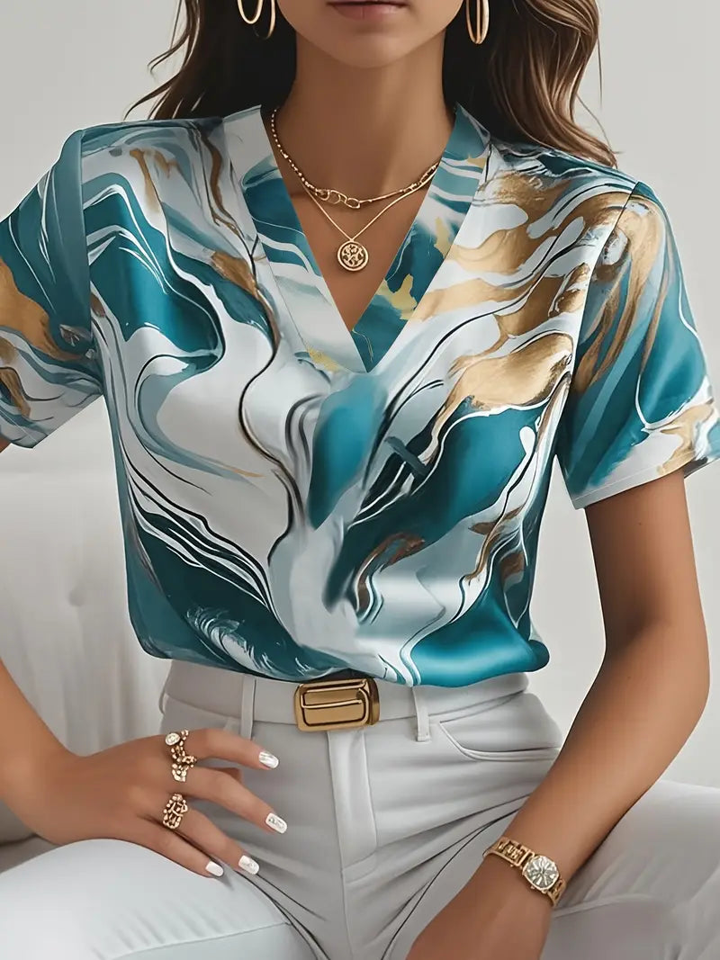 Mildred™ Marble Print Short Sleeve Shirt – Blue | The Bellemont Sisters Australia