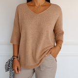 Clara | Women V Neck Short Sleeve Sweater – Beige | The Bellemont Sisters Australia