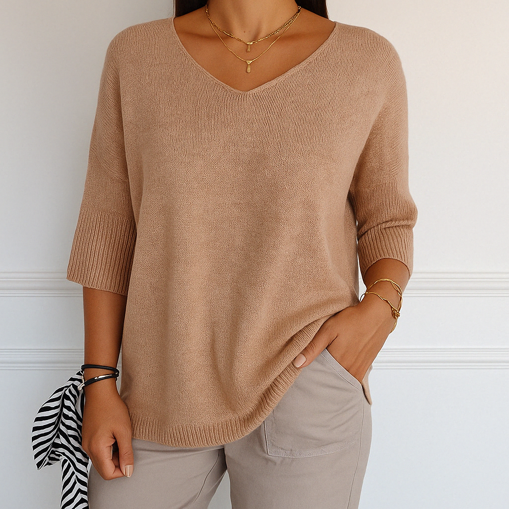 Clara | Women V Neck Short Sleeve Sweater – Beige | The Bellemont Sisters Australia