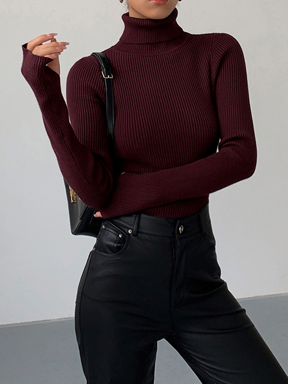 Hailey | Women’s Minimalist Slim Turtleneck Stretch Top – Bordeaux Red | The Bellemont Sisters Australia