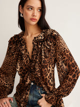 Dakota | Women’s Summer Leopard Ruffle Neck Blouse – Dark Brown | The Bellemont Sisters Australia