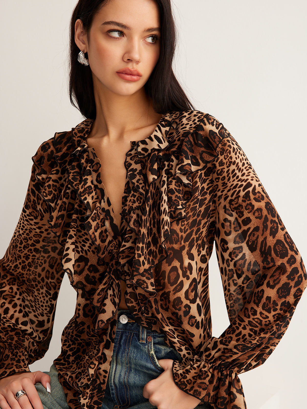 Dakota | Women’s Summer Leopard Ruffle Neck Blouse – Dark Brown | The Bellemont Sisters Australia