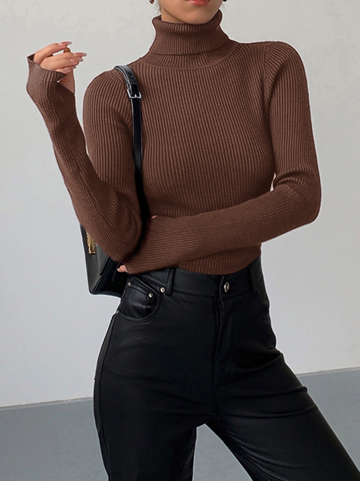 Hailey | Women’s Minimalist Slim Turtleneck Stretch Top – Dark Brown | The Bellemont Sisters Australia