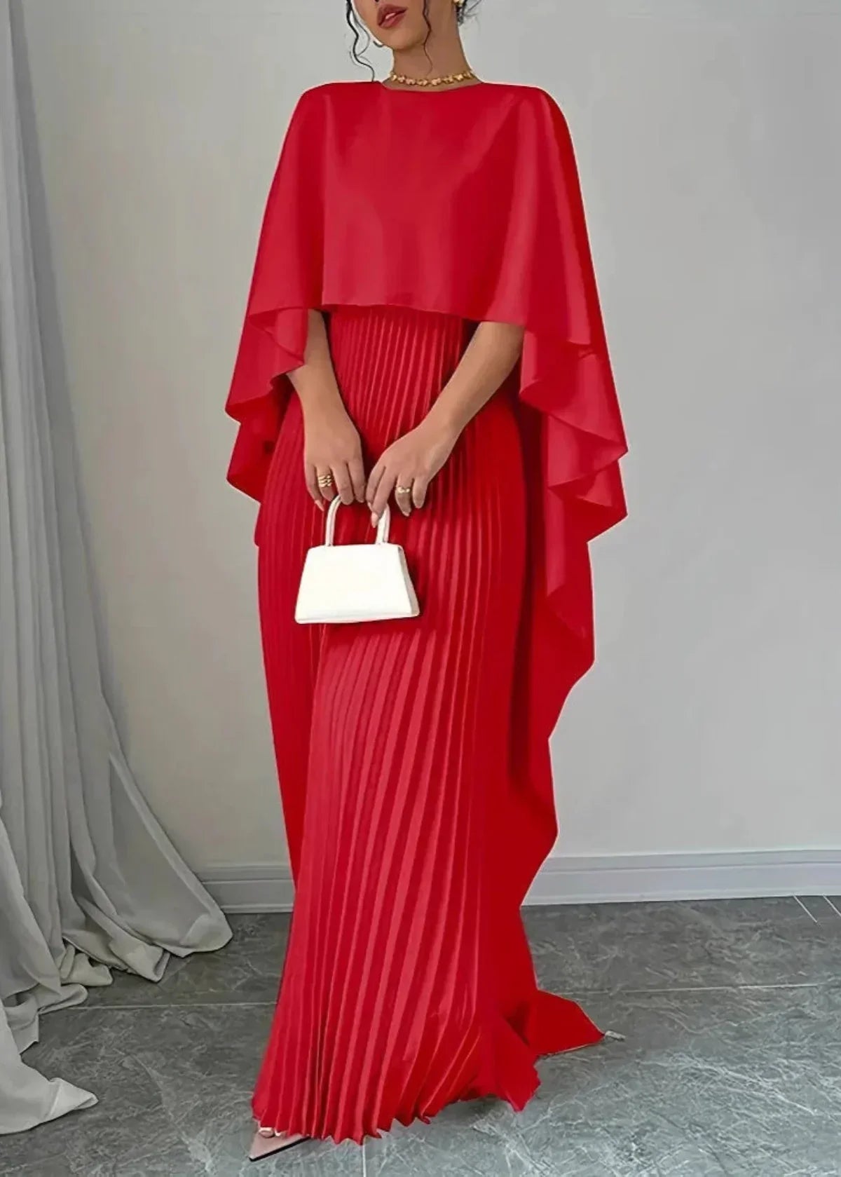 Makayla | Women’s Wedding Guest Pleated Cape Maxi Dress – Red | The Bellemont Sisters Australia