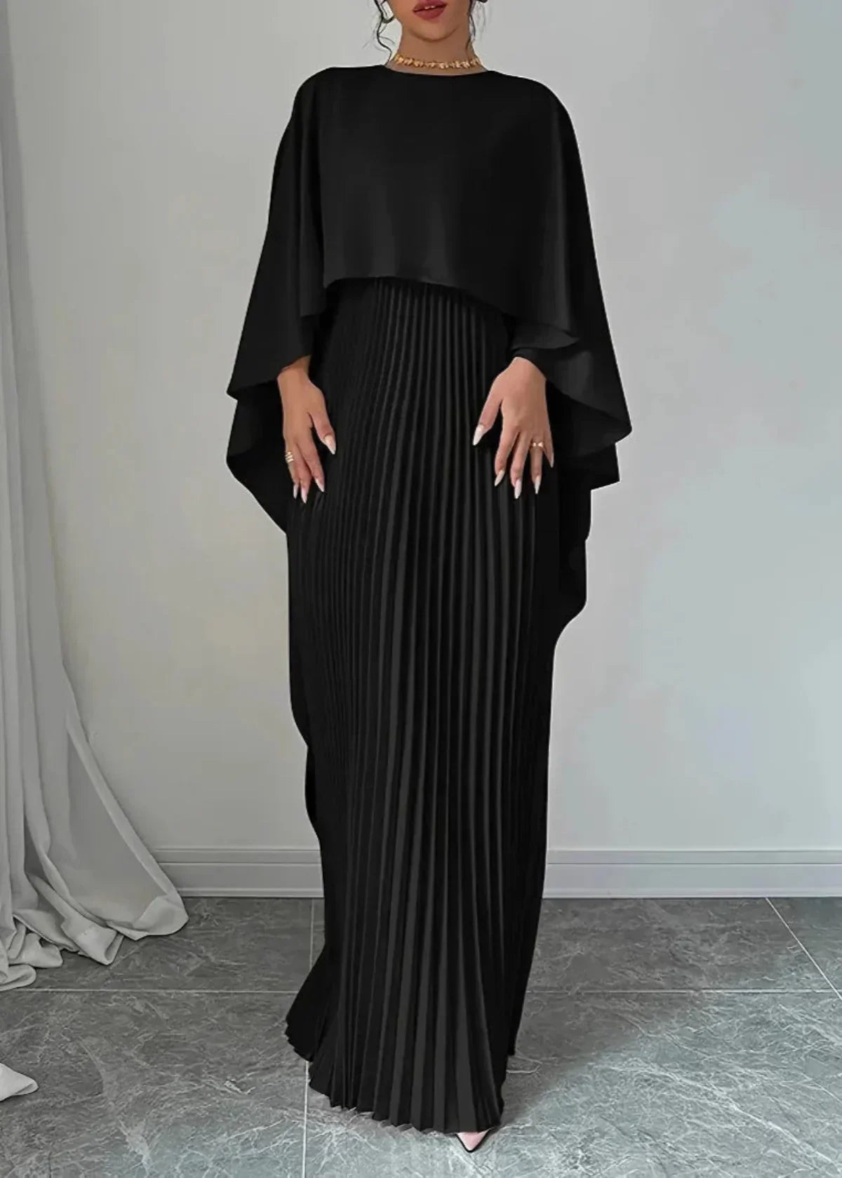 Makayla | Women’s Wedding Guest Pleated Cape Maxi Dress – Black | The Bellemont Sisters Australia