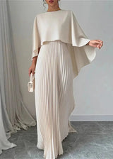 Makayla | Women’s Wedding Guest Pleated Cape Maxi Dress – Beige | The Bellemont Sisters Australia