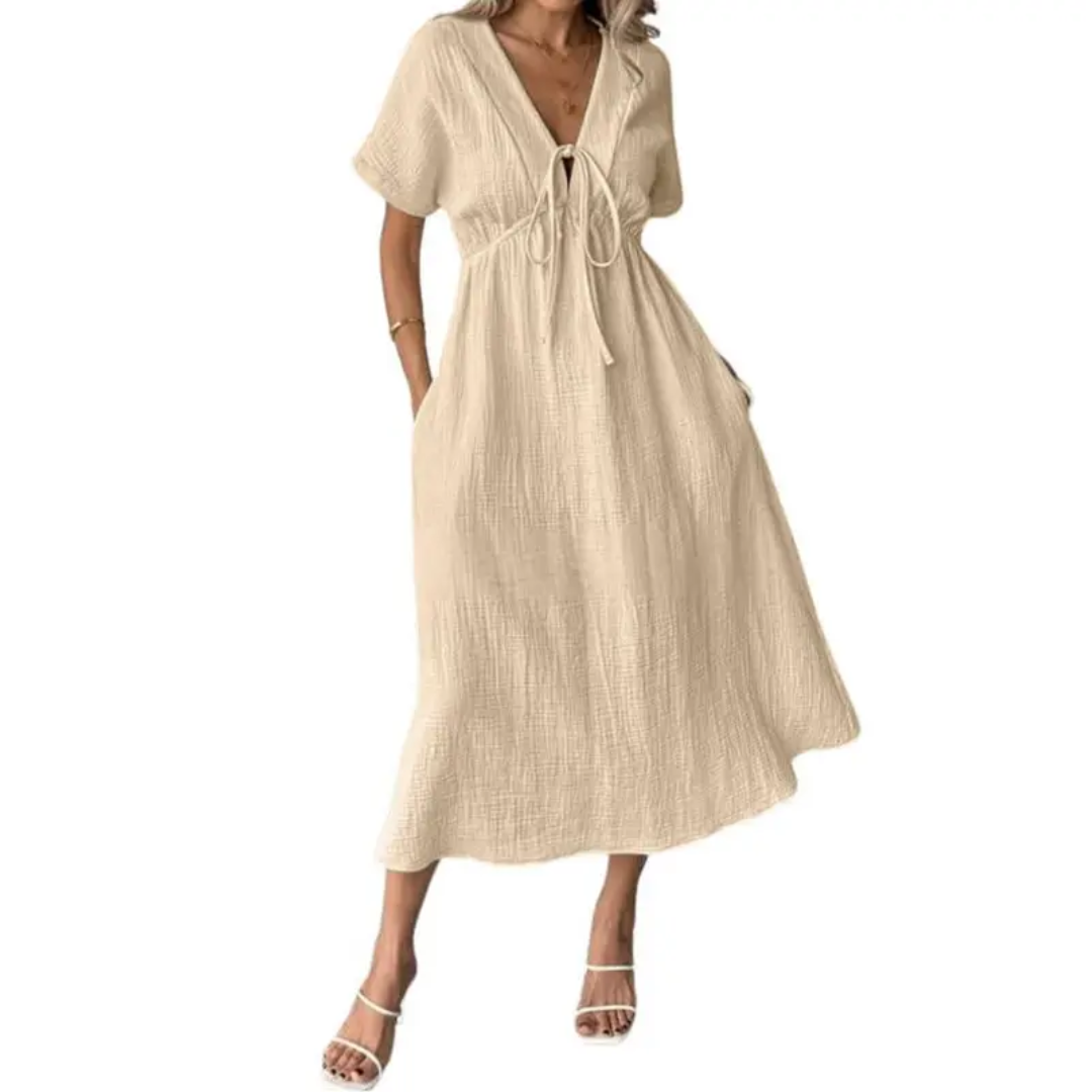 BREEANNE™ – Relaxed V-Neck Maxi Dress – Beige | The Bellemont Sisters Australia