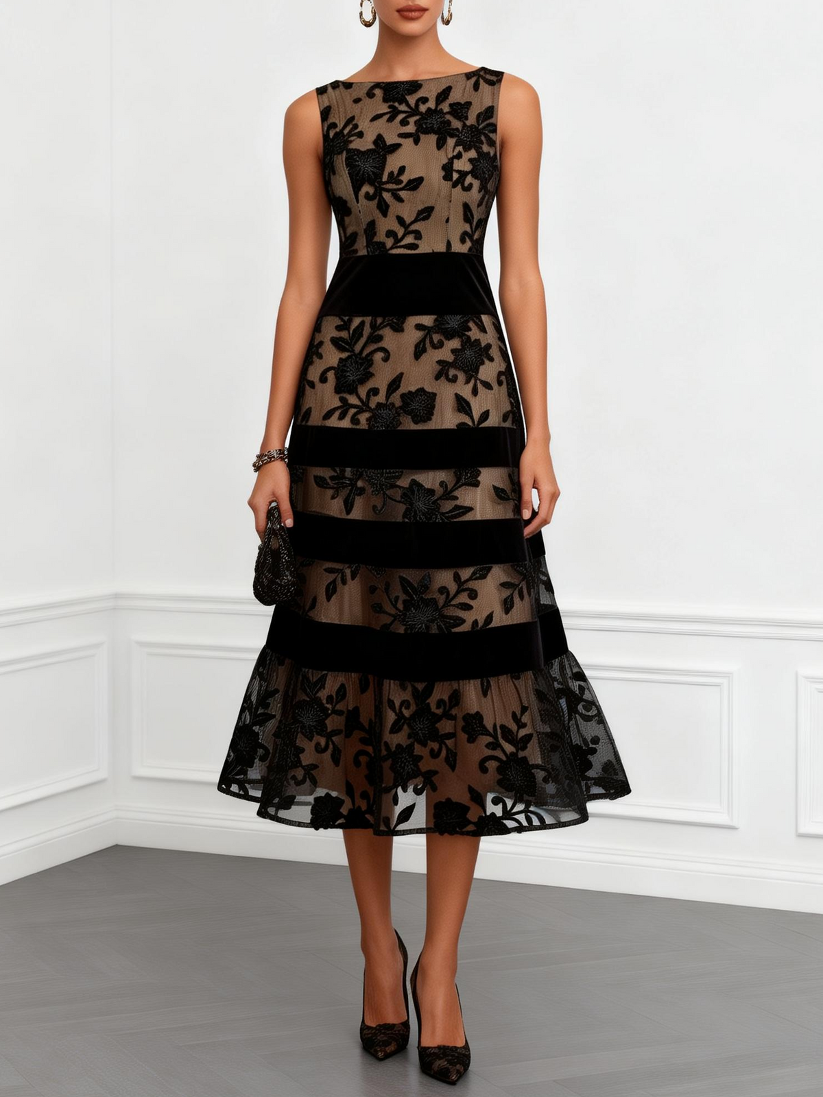Black Mesh Floral Sleeveless A-Line Midi Dress – Black | The Bellemont Sisters Australia