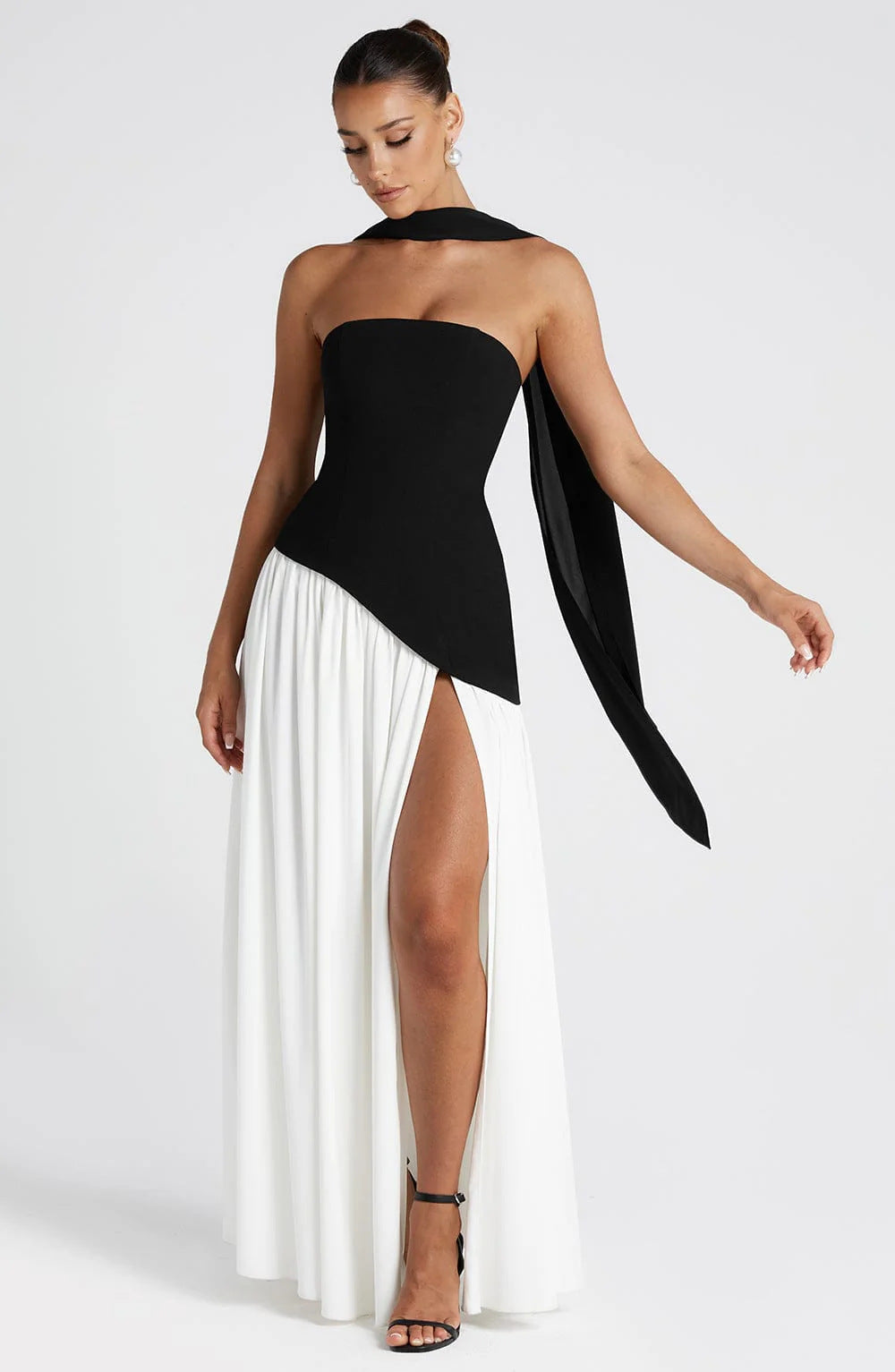 Valentina - Backless Split Dress – Black and White | The Bellemont Sisters Australia